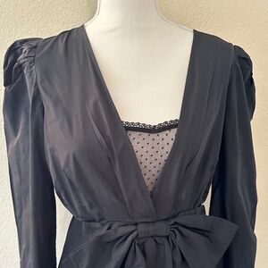 ZARA Black Puff Shoulder Peplum Blouse with Bow & Lace Detail | Size S